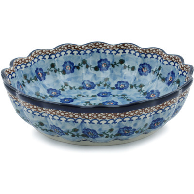Polish Pottery Scalloped Bowl 11&quot; Blue Pansy Vines UNIKAT