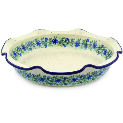 Polish Pottery Scalloped Bowl 13&quot; Blue Bell Wreath