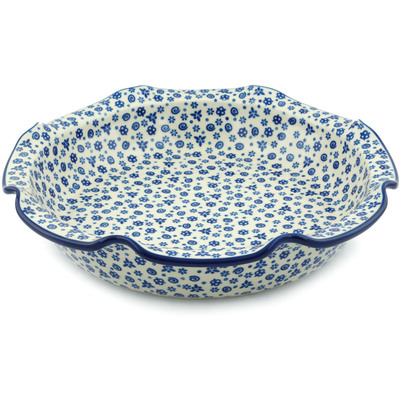 Polish Pottery Scalloped Bowl 13&quot; Blue Confetti
