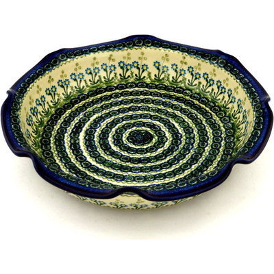 Polish Pottery Scalloped Bowl 13&quot; Blue Daisy Circle
