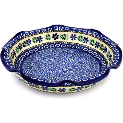 Polish Pottery Scalloped Bowl 13&quot; Blue Daisy Swirls