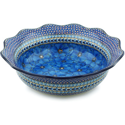 Polish Pottery Scalloped Bowl 14&quot; Blue Poppies UNIKAT