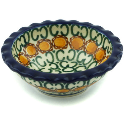 Polish Pottery Scalloped Bowl 3&quot; Blue Leaves