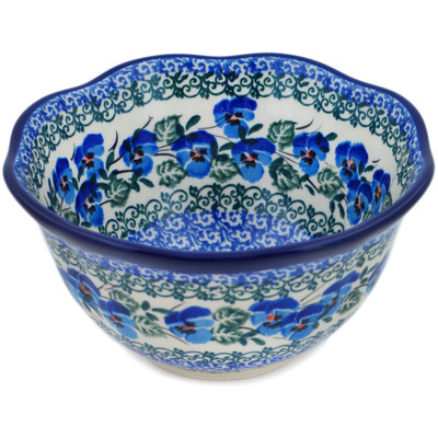Polish Pottery Scalloped Bowl 6&quot; Blue Pansy