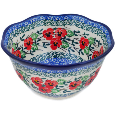 Polish Pottery Scalloped Bowl 6&quot; Red Pansy