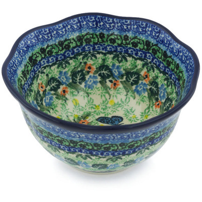 Polish Pottery Scalloped Bowl 6&quot; Spring Floral Garland UNIKAT