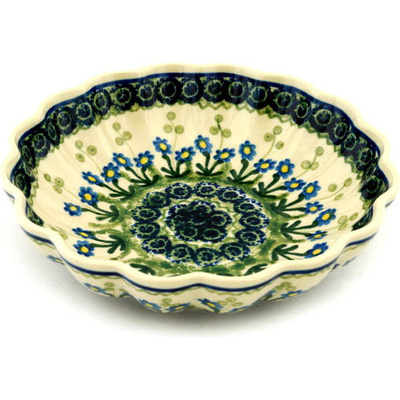 Polish Pottery Scalloped Bowl 7&quot; Blue Daisy Circle