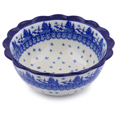 Polish Pottery Scalloped Bowl 7&quot; Blue Winter