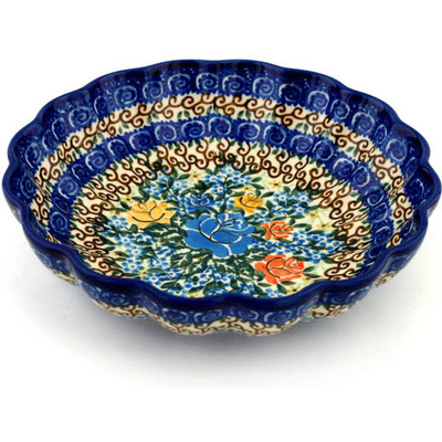 Polish Pottery Scalloped Bowl 7&quot; Bluebonnets And Roses UNIKAT