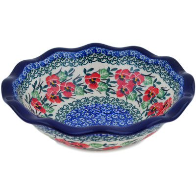 Polish Pottery Scalloped Bowl 7&quot; Red Pansy