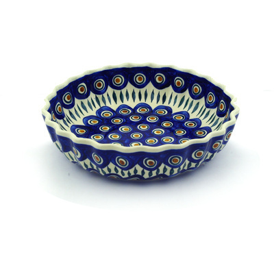 Polish Pottery Scalloped Bowl 9&quot; Blue Peacock
