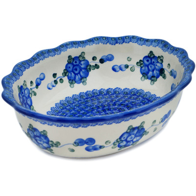 Polish Pottery Scalloped Bowl 9&quot; Blue Poppies