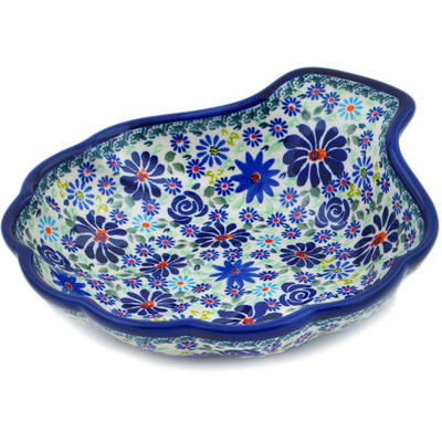 Polish Pottery Scalloped Bowl 9&quot; Blue Summer Garden