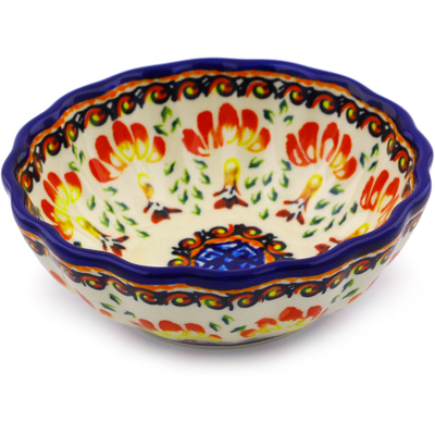 Polish Pottery Scalloped Bowl Small Blooming Red