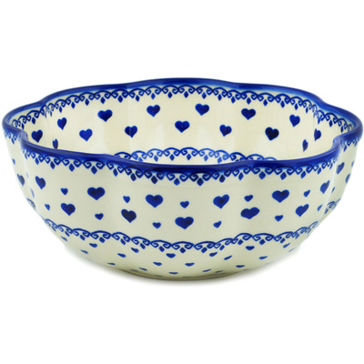 Polish Pottery Scalloped Fluted Bowl 10&quot; Blue Valentine