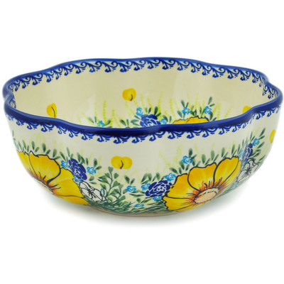 Polish Pottery Scalloped Fluted Bowl 10&quot; Bright Blooms UNIKAT
