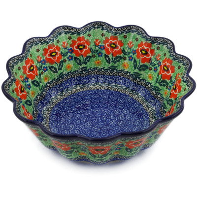 Polish Pottery Scalloped Fluted Bowl 11&quot; Red Poppies UNIKAT