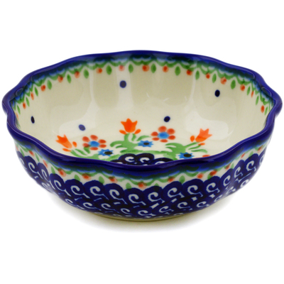 Polish Pottery Scalloped Fluted Bowl 5&quot; Spring Flowers