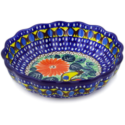 Polish Pottery Scalloped Fluted Bowl 7&quot; Summer Rooster UNIKAT