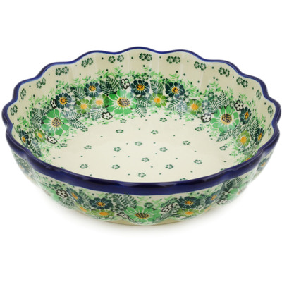 Polish Pottery Scalloped Fluted Bowl 8&quot; Green Wreath UNIKAT