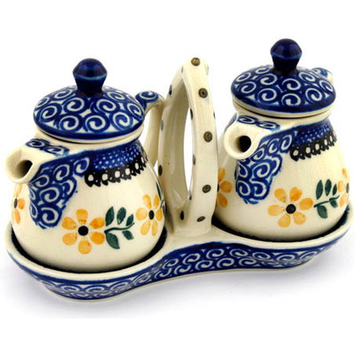 Polish Pottery Seasoning Set 6&quot; Yellow Daisy Swirls