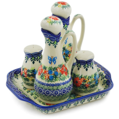 Polish Pottery Seasoning Set 7&quot; Ring Of Flowers UNIKAT