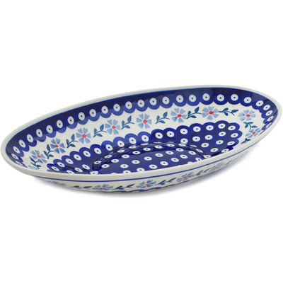 Polish Pottery Serving Bowl 14&quot; Peacock Forget-me-not