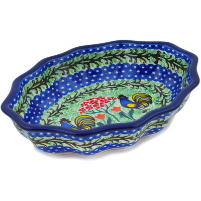 Polish Pottery Serving Bowl 9&quot; Rooster Dance UNIKAT