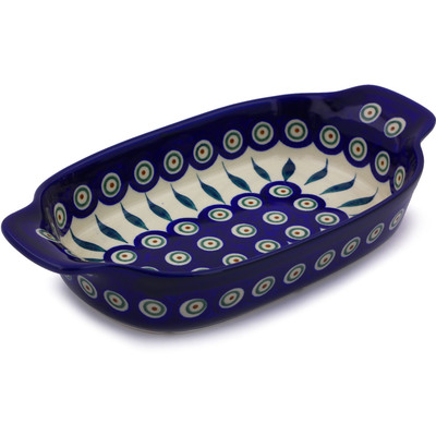 Polish Pottery Serving Dish or Baker Small Peacock Leaves