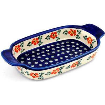 Polish Pottery Serving Dish or Baker Small Poinsetia Peacock