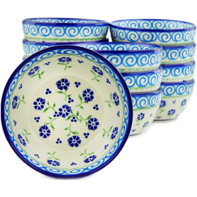 Polish Pottery Set of 12 Bowls 5&quot; Blue Bursts