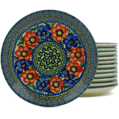 Polish Pottery Set of 12 Plates 7&quot; Blue And Red Poppies UNIKAT
