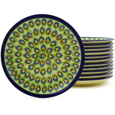 Polish Pottery Set of 12 Plates 7&quot; Peacock Feathers
