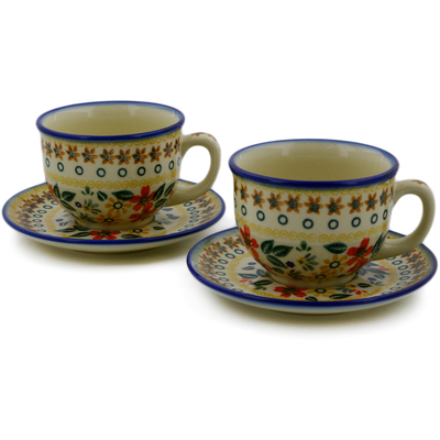 Polish Pottery Set of 2 Cups with Saucers Red Anemone Meadow UNIKAT
