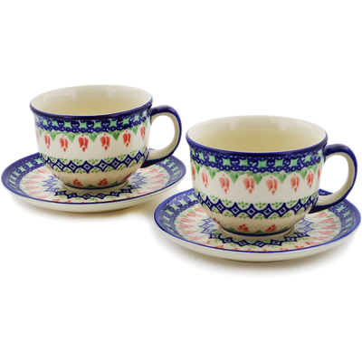 Polish Pottery Set of 2 Cups with Saucers Tulips And Diamonds