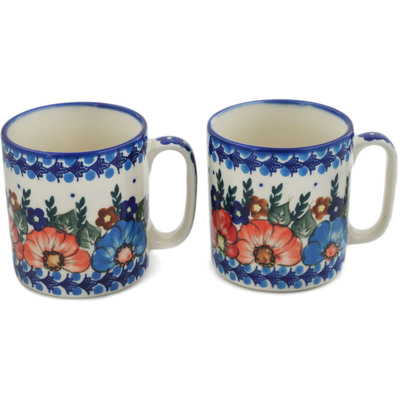 Polish Pottery Set of 2 Mugs 12 ounce Per Mug, 24 ounces Total Bold Poppies