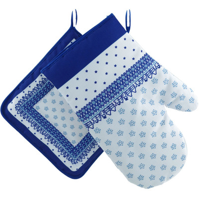 Polyester Set of 2 Oven Mittens 12&quot; Blue Winter