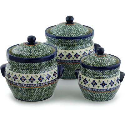 Polish Pottery Set of 3 Jars 10&quot; Gingham Flowers