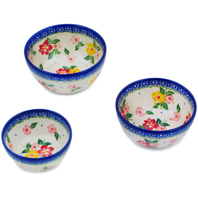 Polish Pottery Set of 3 Nesting Bowls Hibiscus Splendor