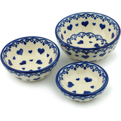 Polish Pottery Set of 3 Nesting Bowls Small Blue Valentine