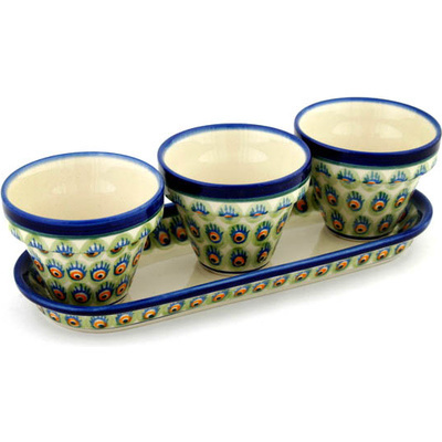 Polish Pottery Set of 3 Planters 11&quot; Peacock Feathers