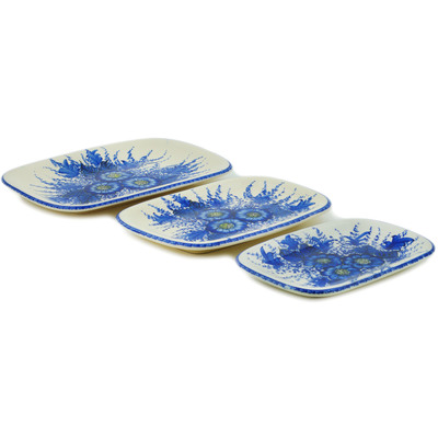 Polish Pottery Set of 3 Platters Blue Poppy Dream UNIKAT