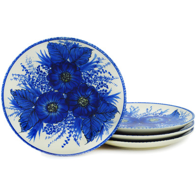 Polish Pottery Set of 4 dessert plates  Blue Poppy Dream UNIKAT