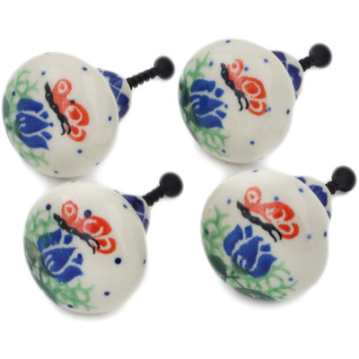 Polish Pottery Set of 4 Drawer Pull Knobs 1-1/2 inch Butterfly In The Tulips