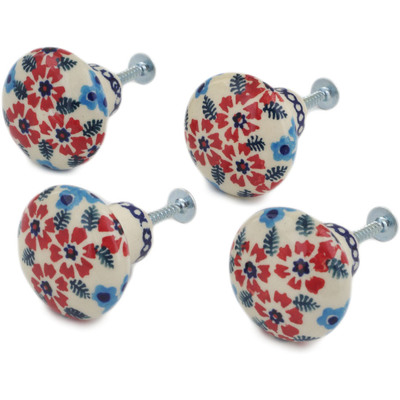 Polish Pottery Set of 4 Drawer Pull Knobs 1-1/2 inch Kismet Red