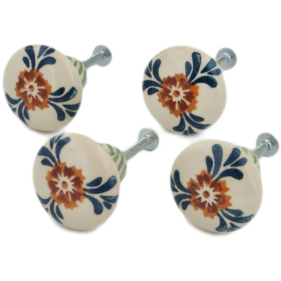 Polish Pottery Set of 4 Drawer Pull Knobs 1-1/2 inch Three Lillies UNIKAT