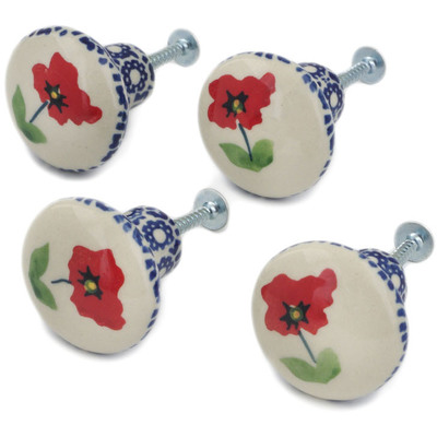 Polish Pottery Set of 4 Drawer Pull Knobs 1-1/2 inch Wind-blown Poppies