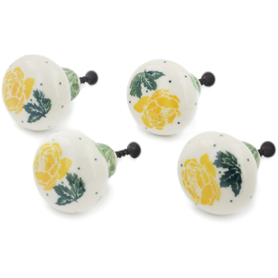 Polish Pottery Set of 4 Drawer Pull Knobs 1-1/2 inch Yellow Rose
