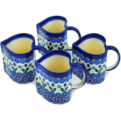 Polish Pottery Set of 4 Heart-Shaped Mugs in Different Patterns Blue Tulip Garden UNIKAT