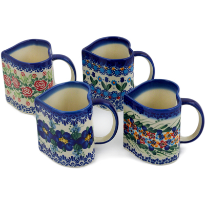 Polish Pottery Set of 4 Heart-Shaped Mugs in Different Patterns Mix